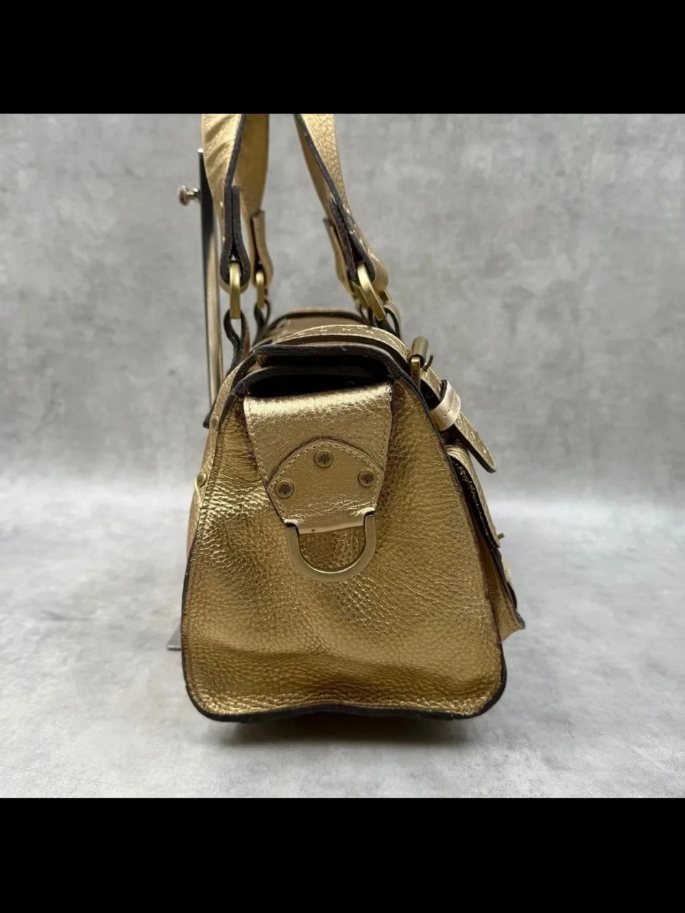 Mulberry Metallic Gold Leather Satchel with Buckle Pockets